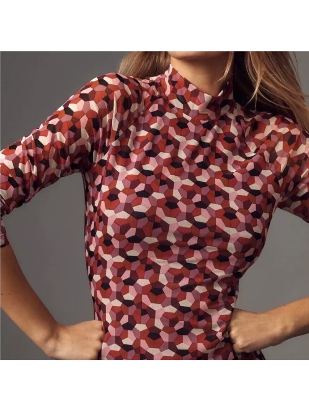 Anthropologie Geo-Print Midi Dress in Red, Pink, Black